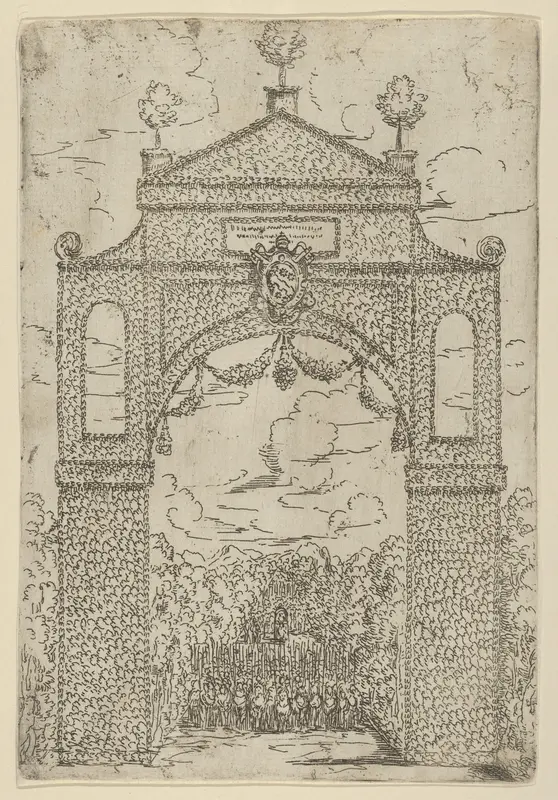 Triumphal arch covered in foliage with mounted troops below, a temporary decoration for the entry of Pope Clement VIII in Bologna in 1598 Wall Art by Guido Reni - High-Resolution Digital Print