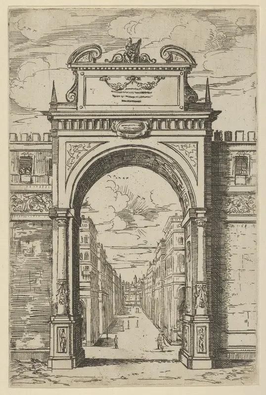 Triumphal arch surmounted by a statue of Moses, buildings seen through the arch below, a temporary decoration for the entry of Pope Clement VIII in Bologna in 1598 Wall Art by Guido Reni - High-Resolution Digital Print