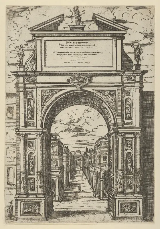 Triumphal arch surmounted by a statue representing the city of Bologna, buildings seen through the arch below, a temporary decoration for the entry of Pope Clement VIII in Bologna in 1598 Wall Art by Guido Reni - High-Resolution Digital Print