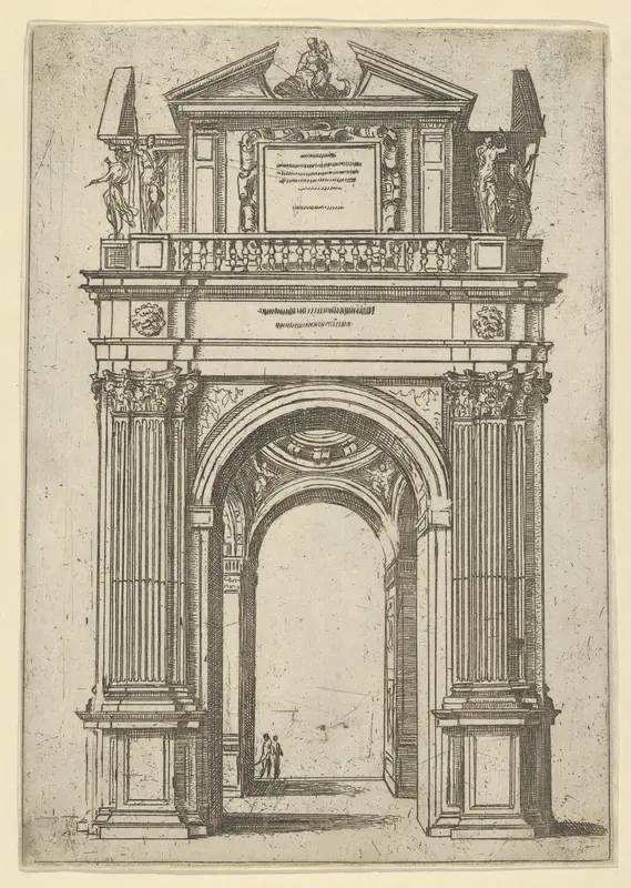 Triumphal arch surmounted by woman seated on a dolphin, four standing figures below, a temporary decoration for the entry of Pope Clement VIII in Bologna in 1598 Wall Art by Guido Reni - High-Resolution Digital Print