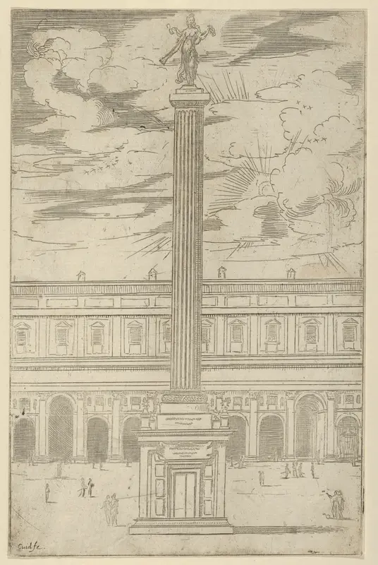 Triumphal column with female figure of Fame holding a trumpet at the top, a temporary decoration for the entry of Pope Clement VIII in Bologna in 1598 Wall Art by Guido Reni - High-Resolution Digital Print