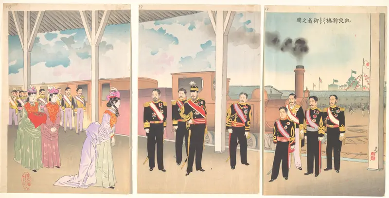 Triumphant Arrival of the Emperor at Shinbashi Station Wall Art by Kobayashi Kiyochika - High-Resolution Digital Print