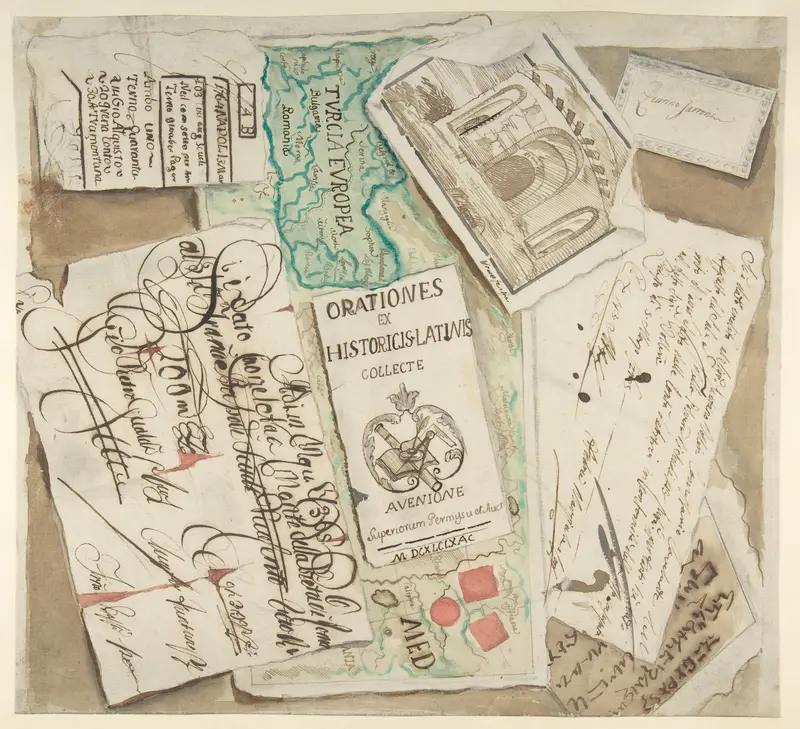 Trompe l'Oeil Design Including Bills, Calling Cards, an Etching, a Map etc. Wall Art by Anonymous, Italian, 18th century - High-Resolution Digital Print
