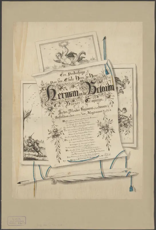 Trompe-l'oeil met een brief, drie tekeningen en een ganzenveer Wall Art by Unknown - High-Resolution Digital Print