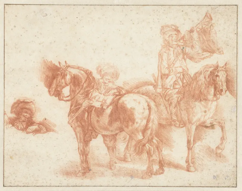Trompetter te paard en een ruiter die zijn paard bestijgt, met een alternatieve studie voor zijn hoofd en schouders Wall Art by anonymous - High-Resolution Digital Print