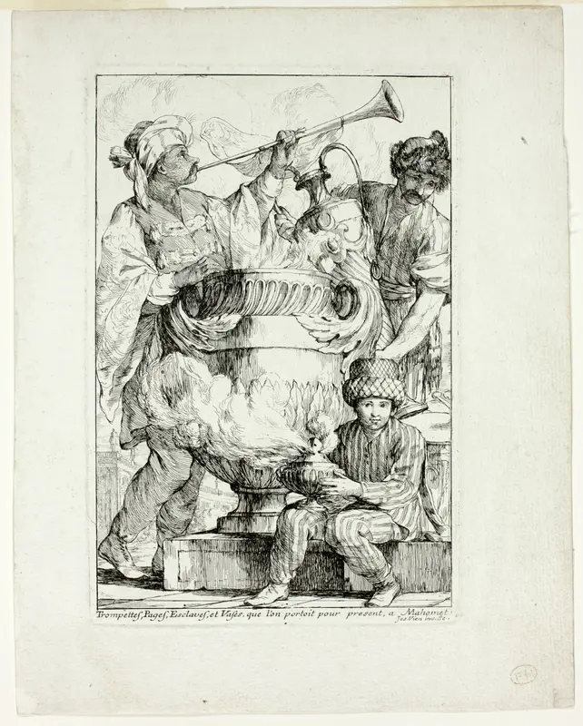 Trompettes, Pages, Esclaves, et Vases que l'on portait pour présent à Mahomet, from Caravanne du Sultan à la Mecque