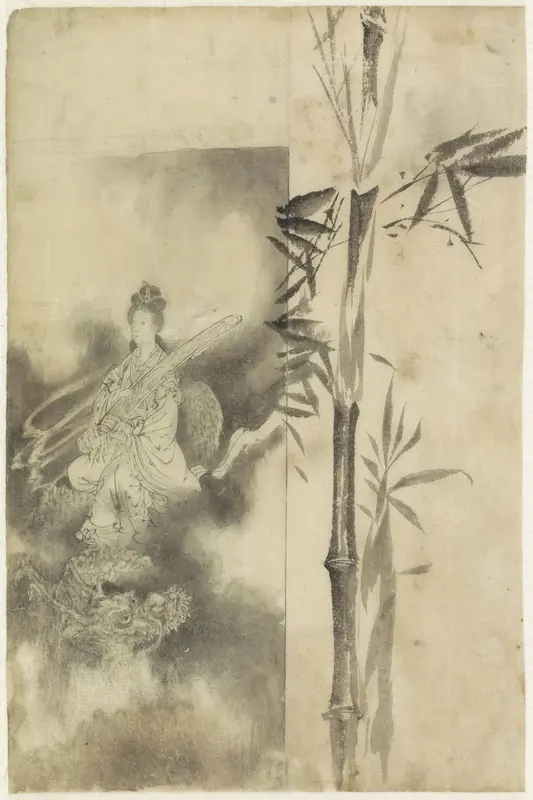 Tronende godin op een draak en bamboestengel Wall Art by Yamamoto Shinryo Baiitsu - High-Resolution Digital Print