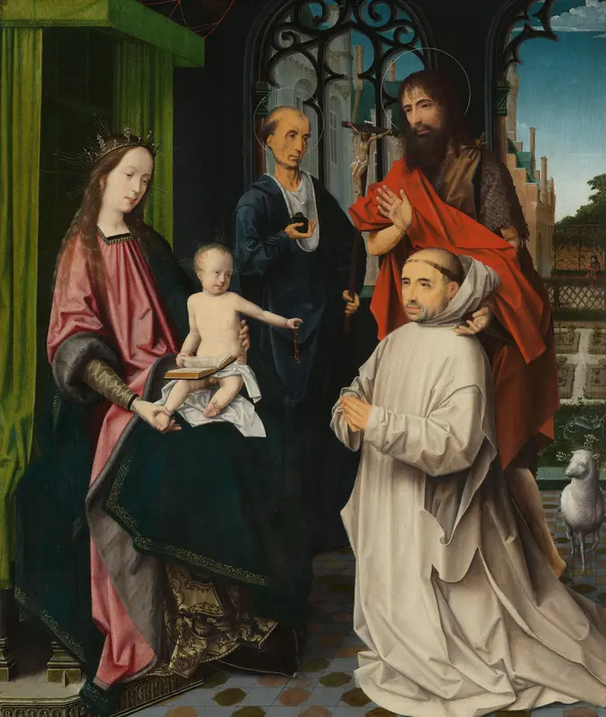 Tronende Maria en Christus, met Sint-Hiëronymus, Johannes de Doper en een kartuizer monnik Wall Art by Unknown - High-Resolution Digital Print