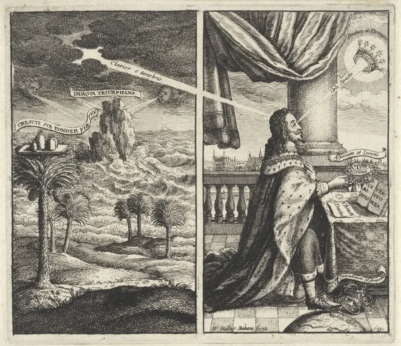 Tropisch landschap met woeste zee / Goddelijke kroning van koning Karel I van Engeland Wall Art by Unknown - High-Resolution Digital Print