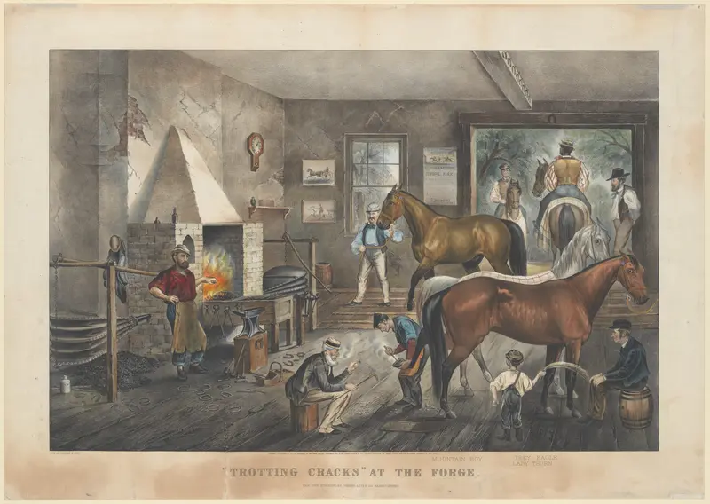 "Trotting Cracks" at the Forge Wall Art by Currier & Ives - High-Resolution Digital Print