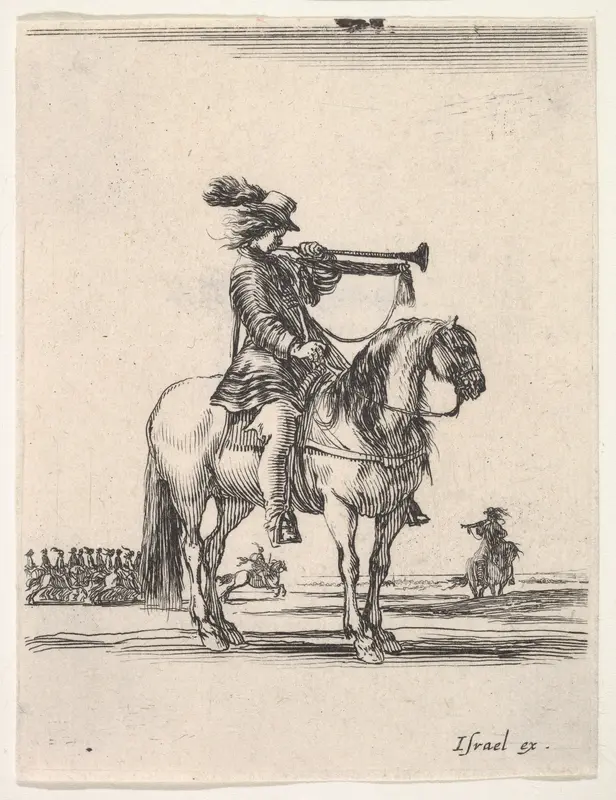 Trumpeter on horseback facing right, a group of horsemen in the background, from "Various cavalry exercises" (Diverses exercices de cavalerie) Wall Art by Stefano della Bella - High-Resolution Digital Print
