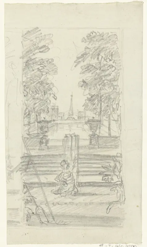 Tuin met vijver, op de voorgrond tuingereedschap Wall Art by Unknown - High-Resolution Digital Print