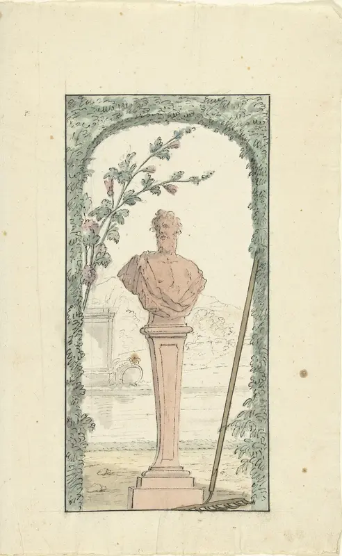 Tuinbeeld op voetstuk in een nis van geschoren haag Wall Art by Elias van Nijmegen - High-Resolution Digital Print