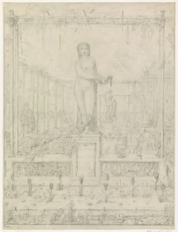 Tuinen met standbeelden en hangplanten op hekwerk Wall Art by Willem van Konijnenburg - High-Resolution Digital Print