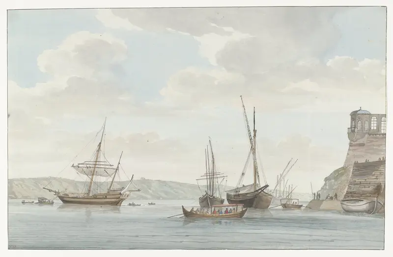 Tuinhuis van de Jardin du Grand Maître uittorend boven de haven met galei schepen op Malta Wall Art by Louis Ducros - High-Resolution Digital Print