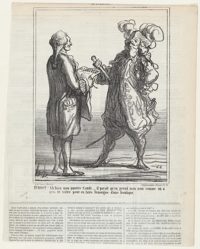 Turgot: –Eh, well, my poor Count, it appears that they borrow my name as they have taken yours for the sake of creating the sign of a shop, from 'News of the day,' published in Le Charivari, October 7, 1867 Wall Art by Honoré Daumier - High-Resolution Digital Print