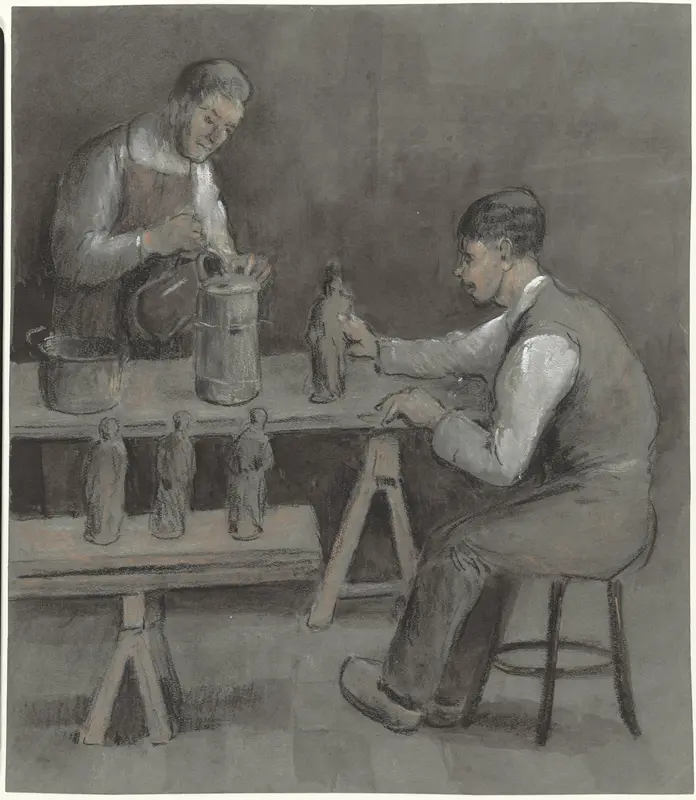 Twee arbeiders bij het maken van beeldjes Wall Art by Herman Heijenbrock - High-Resolution Digital Print