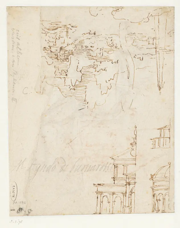 Twee architectuurstudies en een landschap met een obelisk Wall Art by Unknown - High-Resolution Digital Print