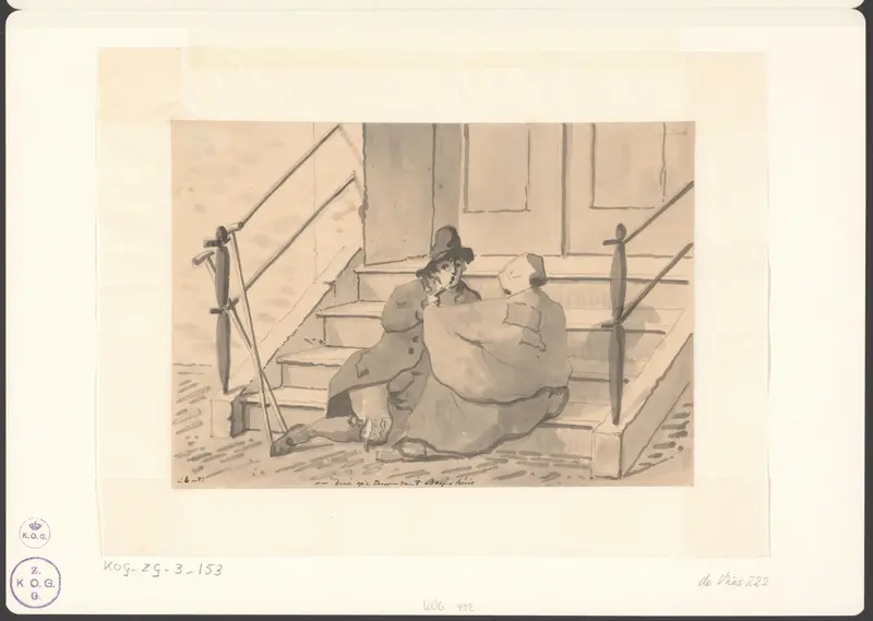 Twee arme mensen eten op de trap van het Diaconie Oude Mannen en Vrouwenhuis Wall Art by Christiaan Andriessen - High-Resolution Digital Print