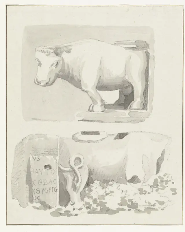 Twee beelden van nijlpaarden in wit marmer op een plein in Brindisi Wall Art by Louis Ducros - High-Resolution Digital Print