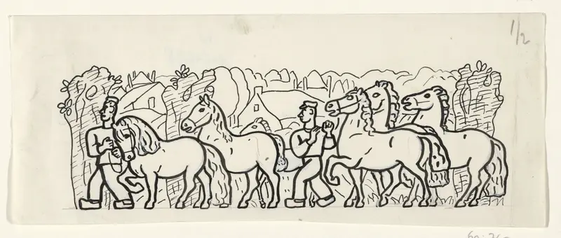Twee boeren leiden hun paarden door een dorp Wall Art by Leo Gestel - High-Resolution Digital Print