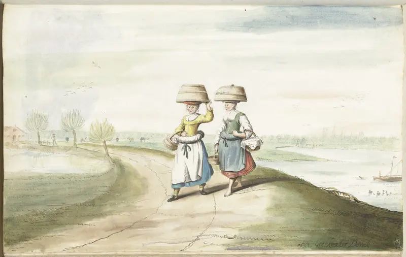 Twee boerenvrouwen lopend in een landschap Wall Art by Unknown - High-Resolution Digital Print