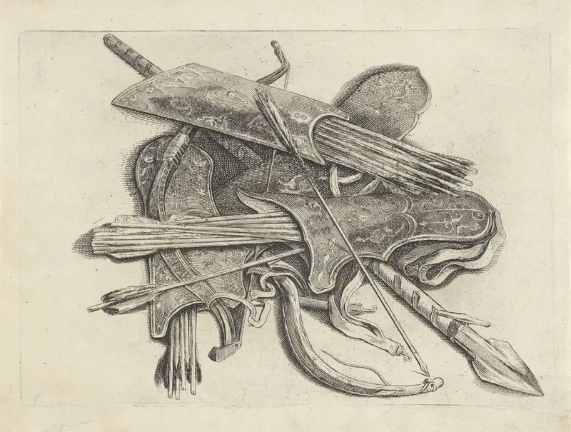Twee bogen, vier pijlkokers en een speer Wall Art by Wenceslaus Hollar - High-Resolution Digital Print