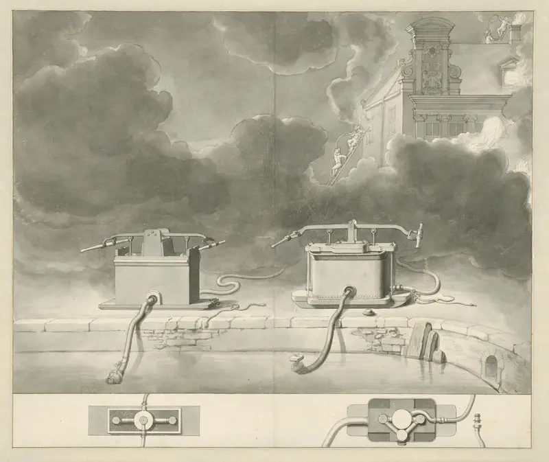 Twee brandspuiten aan de kant van een gracht Wall Art by Jan van der Heyden - High-Resolution Digital Print