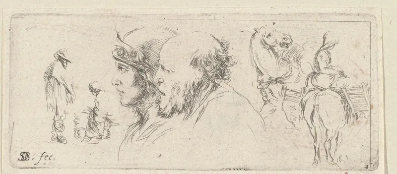 Twee bustes van mannen, een vrouw op een paard, een paardenhoofd, een staande man en een zittende vrouw Wall Art by Jacques van Merlen - High-Resolution Digital Print