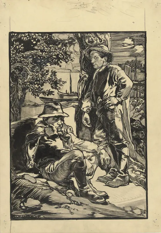 Twee dijkwerkers, de een zittend, de ander tegen een boom geleund Wall Art by Johannes Josephus Aarts - High-Resolution Digital Print