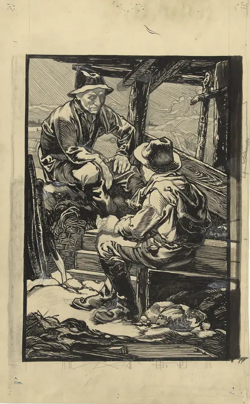 Twee dijkwerkers in een planken hut Wall Art by Johannes Josephus Aarts - High-Resolution Digital Print