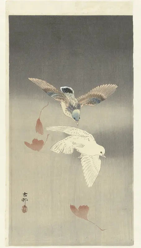 Twee duiven bij vallende ginkgo bladeren Wall Art by Unknown - High-Resolution Digital Print