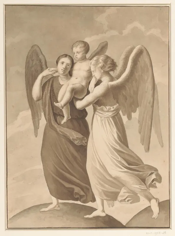 Twee engelen dragen een kind over de scheiding van twee als bollen voorgestelde werelden Wall Art by Pieter Christoffel Wonder - High-Resolution Digital Print