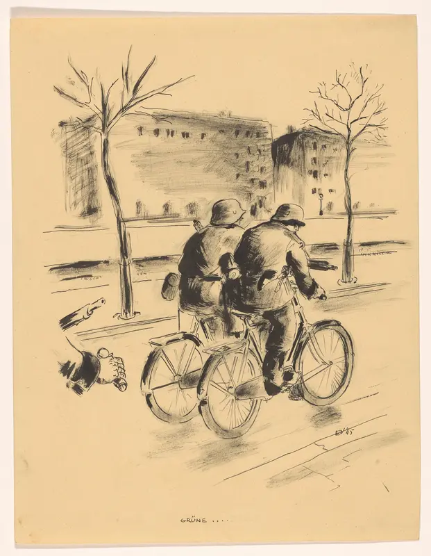Twee fietsende Duitse soldaten, op de rug gezien Wall Art by Unknown - High-Resolution Digital Print