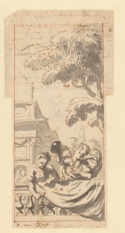 Twee figuren bij een balustrade Wall Art by Unknown - High-Resolution Digital Print