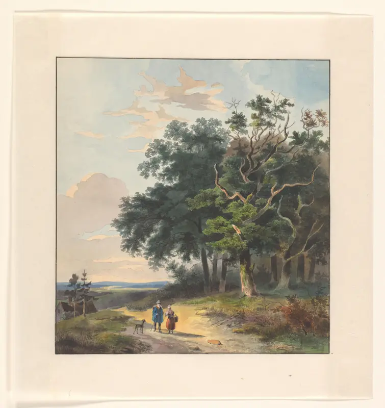 Twee figuren op een landweg langs een bosrand Wall Art by Johannes van Reijn - High-Resolution Digital Print