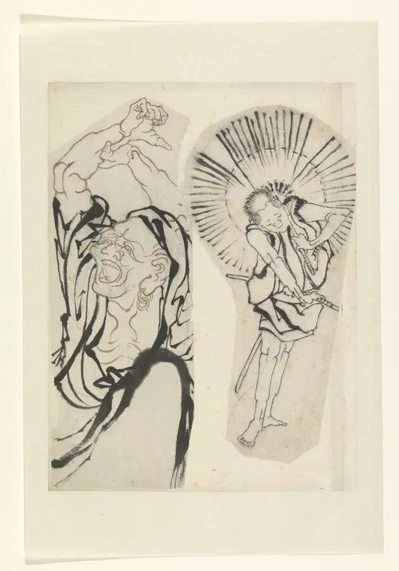 Twee figuren waarvan de rechter een parasol en een zwaard in de hand heeft (Hayano Kampei?) Wall Art by anonymous - High-Resolution Digital Print