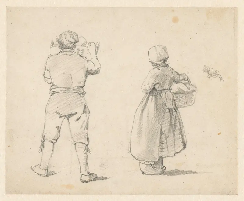 Twee figuurstudies van staande figuren, op de rug gezien