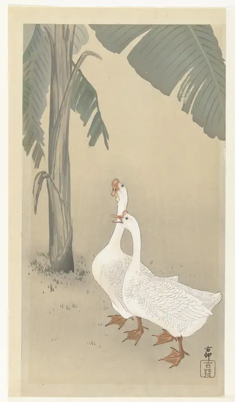 Twee ganzen bij bananenboom Wall Art by Unknown - High-Resolution Digital Print