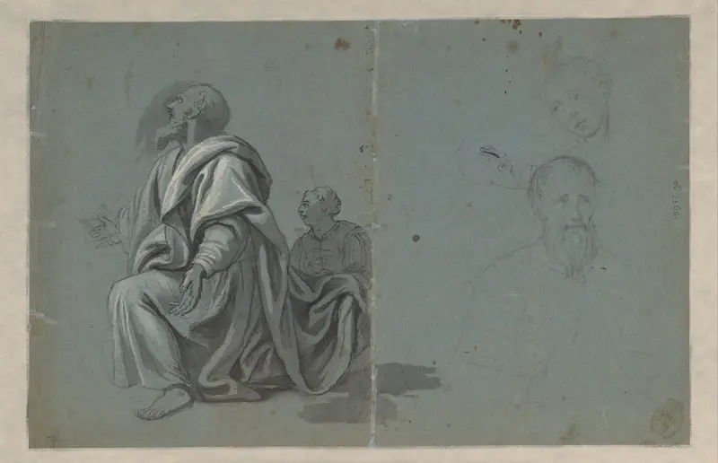 Twee geknielde figuren en twee kopstudies Wall Art by anonymous - High-Resolution Digital Print