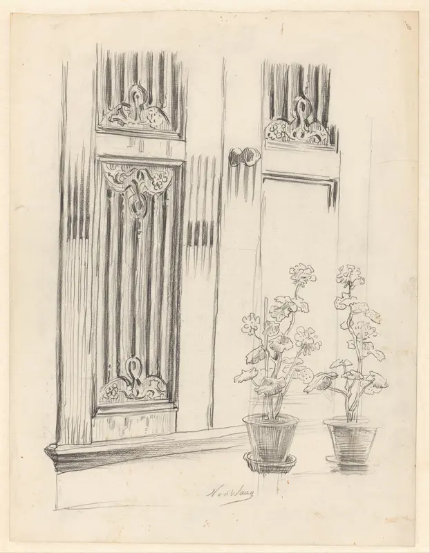 Twee geraniums in potten voor een deur of hek Wall Art by Unknown - High-Resolution Digital Print