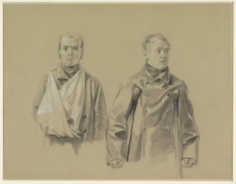 Twee gewonde soldaten, de linker met zijn arm in een mitella, de rechter op krukken Wall Art by Jacob Joseph Eeckhout - High-Resolution Digital Print