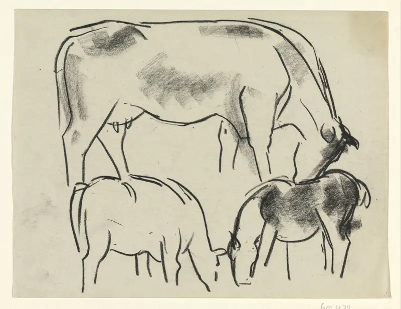Twee grazende koeien en een paard Wall Art by Leo Gestel - High-Resolution Digital Print