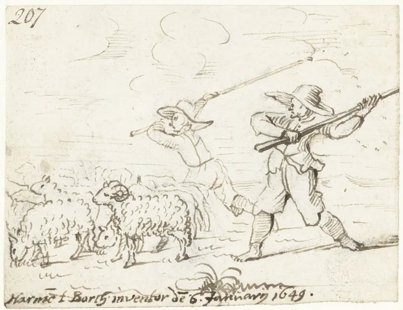 Twee herders drijven hun schapen voort Wall Art by Unknown - High-Resolution Digital Print