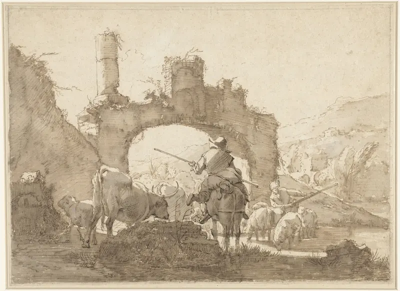 Twee herders drijven hun vee door een rivier Wall Art by Johann Heinrich Roos - High-Resolution Digital Print