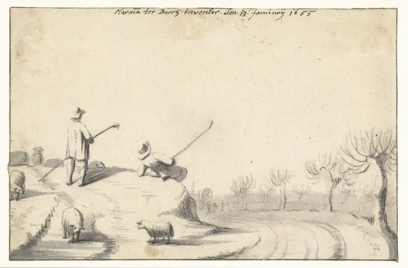 Twee herders en hun kudde op een heuvel Wall Art by Unknown - High-Resolution Digital Print