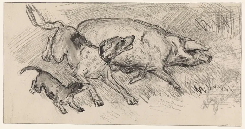 Twee honden die een varken opjagen Wall Art by Jan van Essen - High-Resolution Digital Print