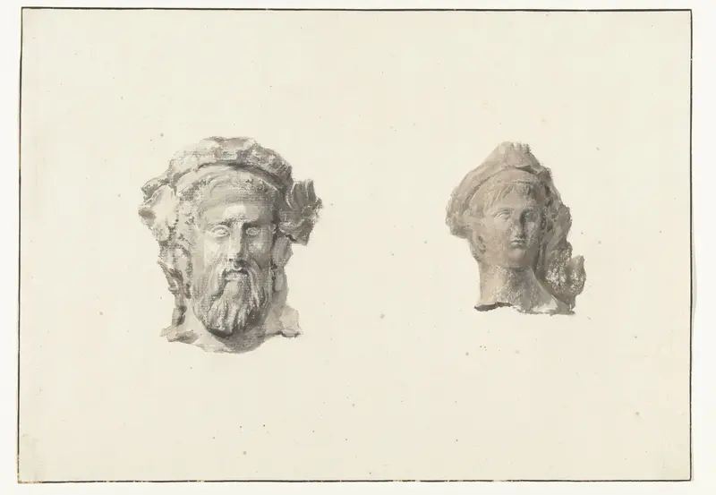 Twee hoofden van beelden van het theater van Tarente opgegraven in aanwezigheid van de kunstenaar Wall Art by Louis Ducros - High-Resolution Digital Print