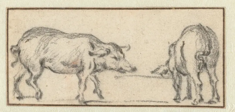 Twee jonge varkens bij een trog Wall Art by Unknown - High-Resolution Digital Print