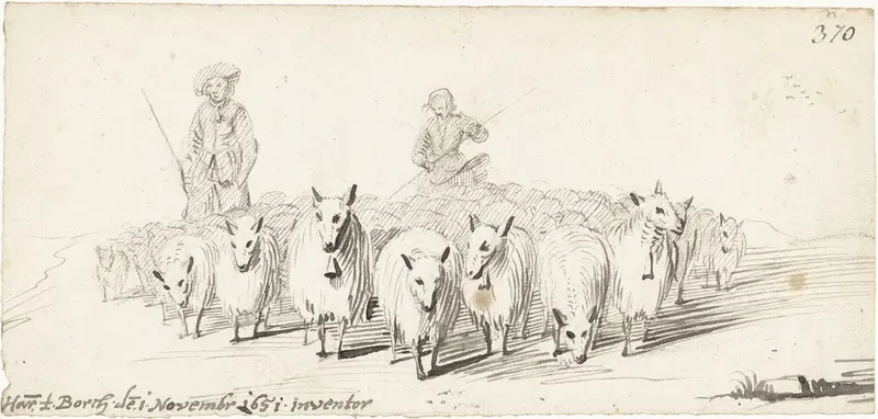 Twee jongens drijven een kudde schapen voort Wall Art by Unknown - High-Resolution Digital Print